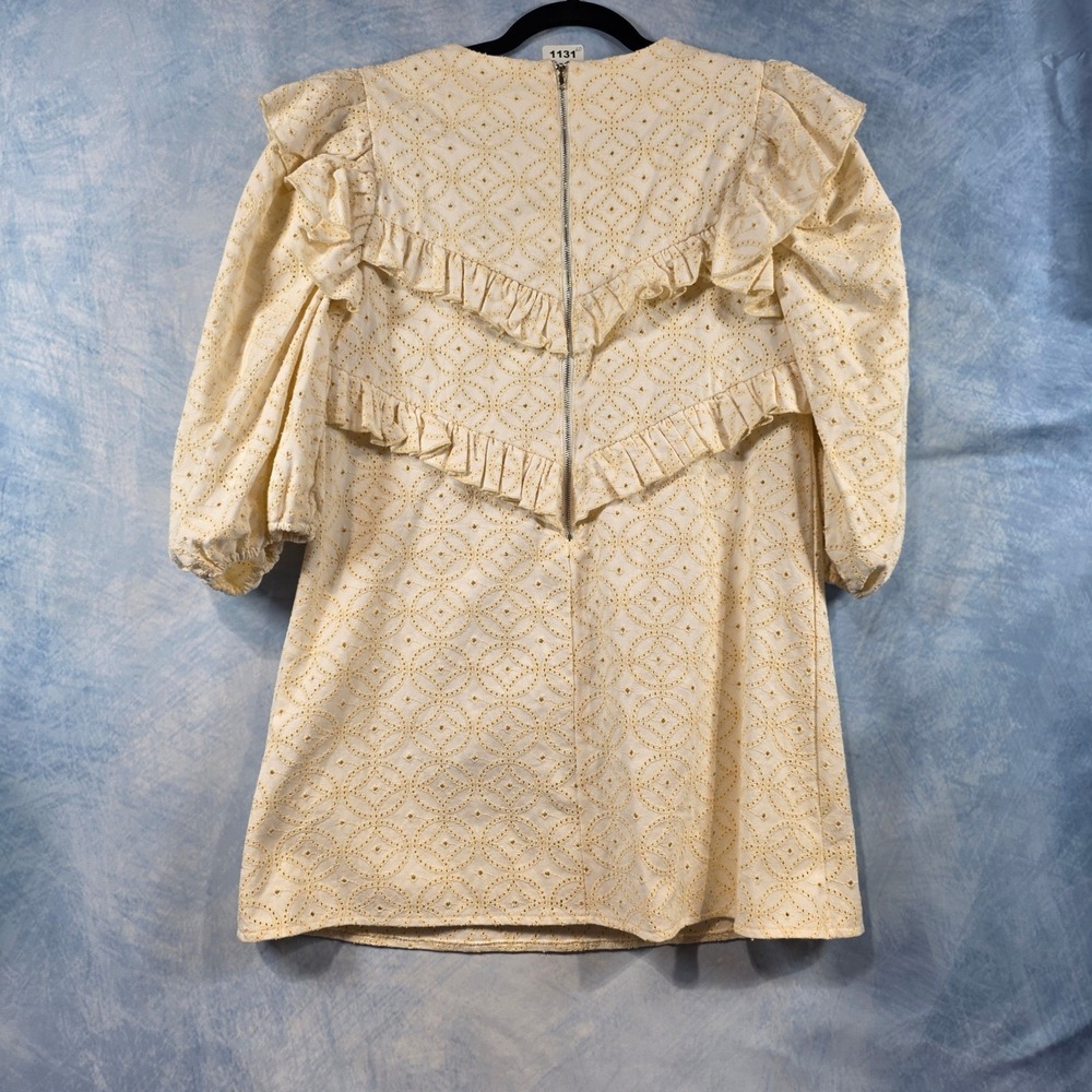 En Saison Eyelet Ruffle Puff Sleeve Mini Dress Cream Women Small Zip Back - Picture 7 of 8